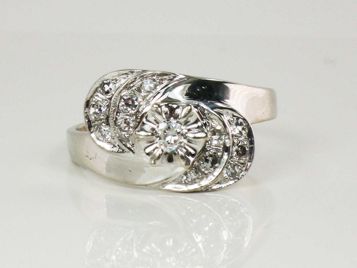 Vintage 14k White Gold Natural Diamond Ring Mid-Century - Size 8.5