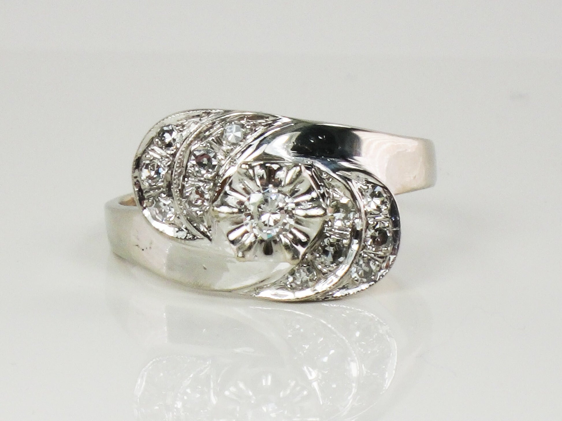 Vintage 14k White Gold Natural Diamond Ring Mid-Century - Size 8.5