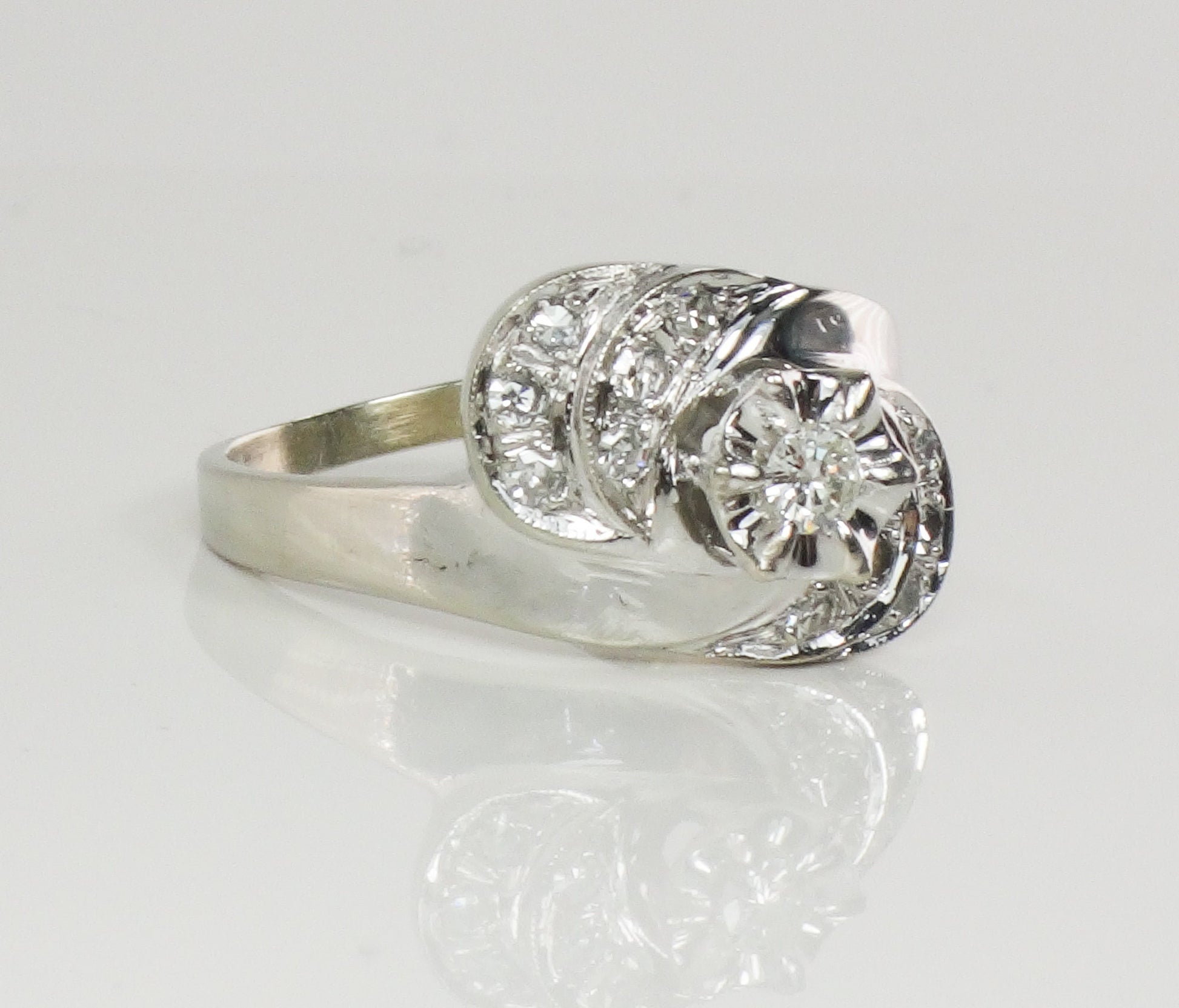 Vintage 14k White Gold Natural Diamond Ring Mid-Century - Size 8.5