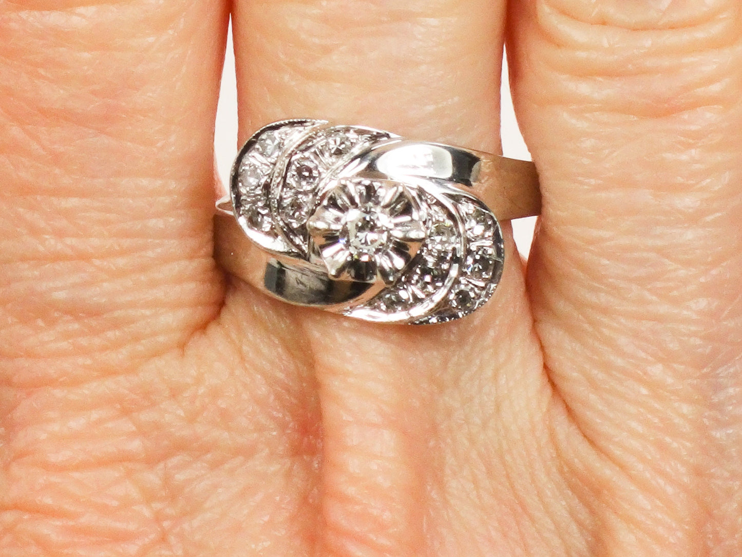 Vintage 14k White Gold Natural Diamond Ring Mid-Century - Size 8.5