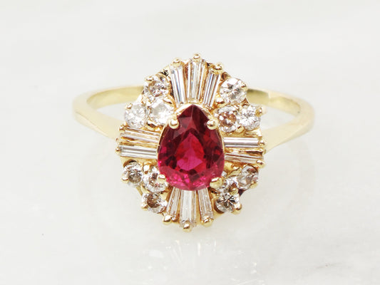 Vintage 14k Yellow Gold Ruby Diamond Ring: Ballerina Style