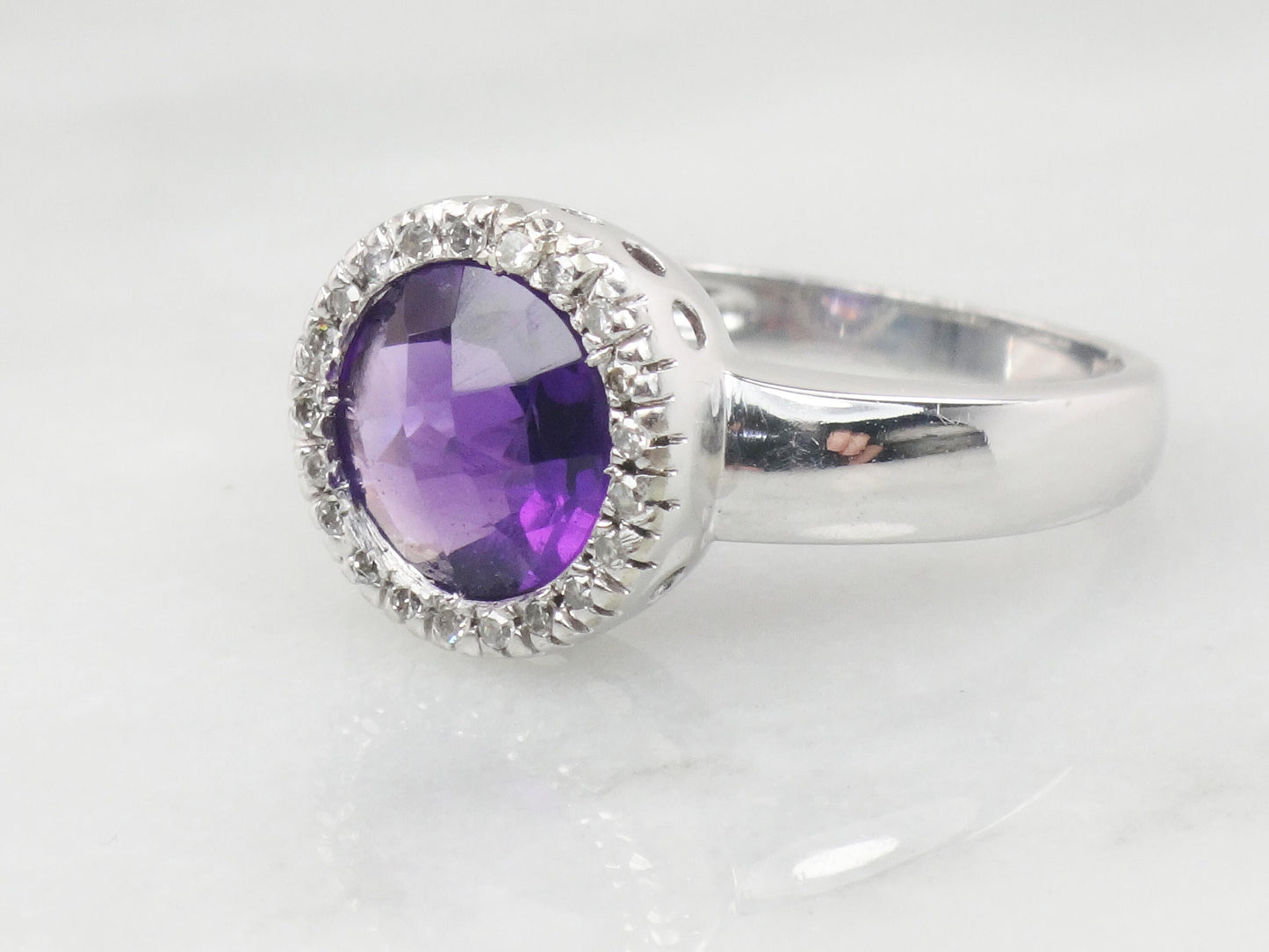 Vintage 14k White Gold Checkerboard Amethyst Ring with Diamond Halo - Size 7