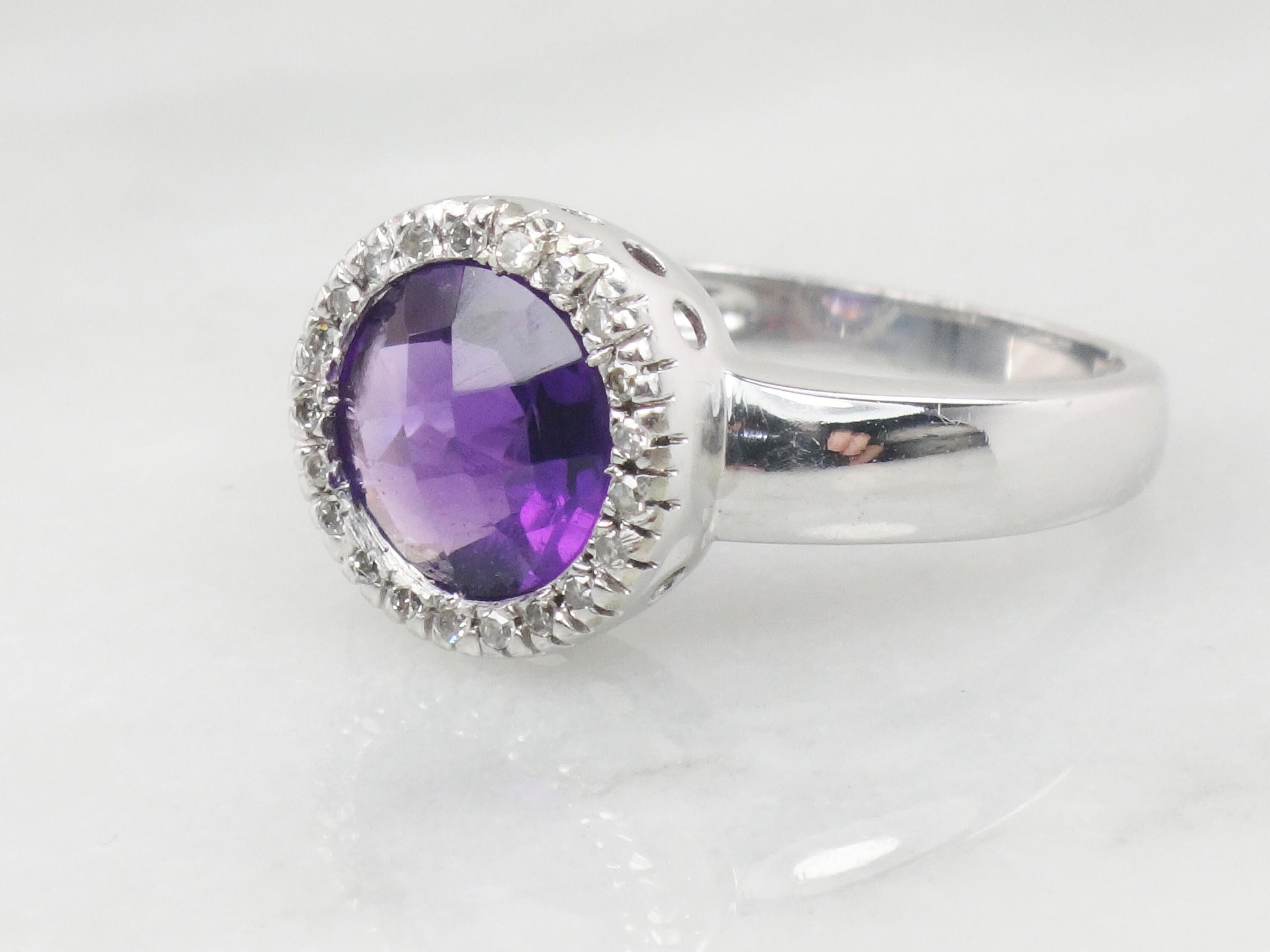 Vintage 14k White Gold Checkerboard Amethyst Ring with Diamond Halo - Size 7