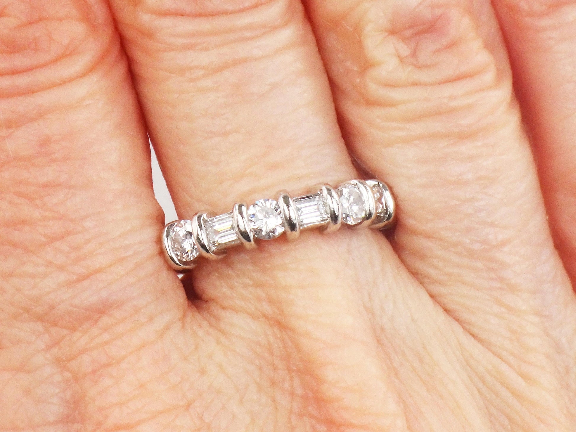 Vintage Martin Flyer Platinum Diamond Wedding Band: Baguette & Round Cut, 1 CT TDW