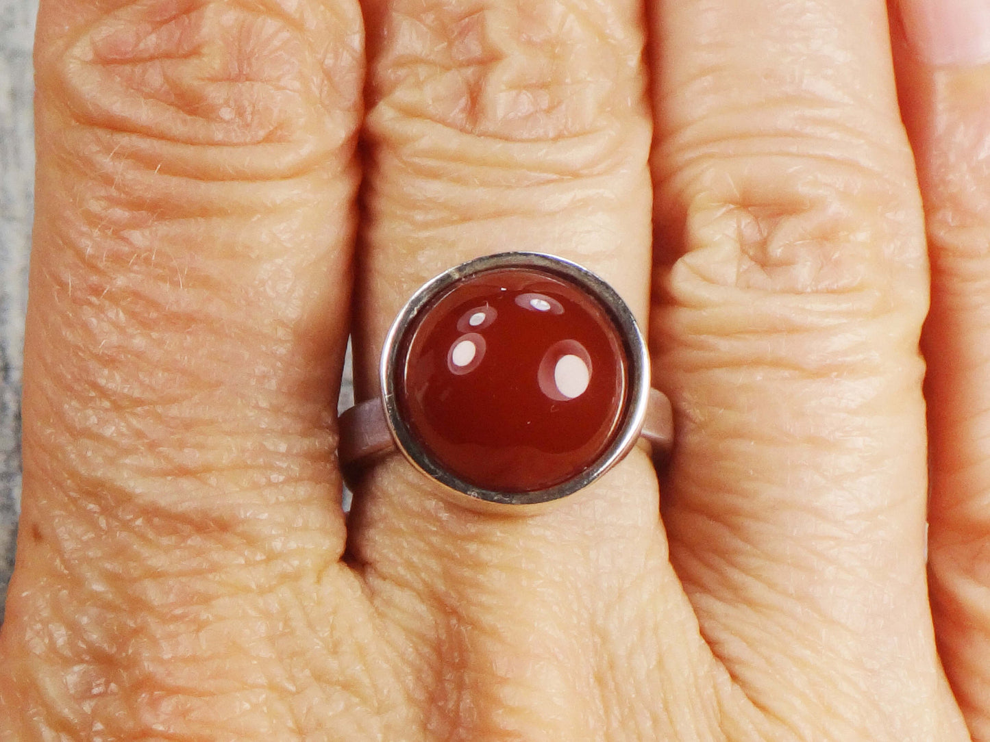 Vintage Sterling Silver Orange Glass Ring Round Imitation Carnelian Ring - Made in Israel