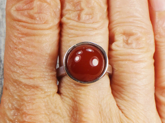 Vintage Sterling Silver Orange Glass Ring Round Imitation Carnelian Ring - Made in Israel