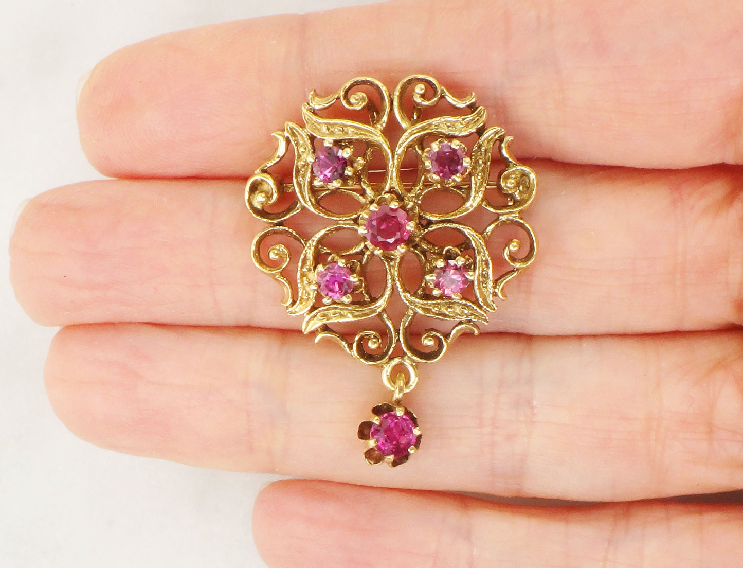 Vintage 14k Gold Ruby Pendant Pin: Victorian Style Brooch
