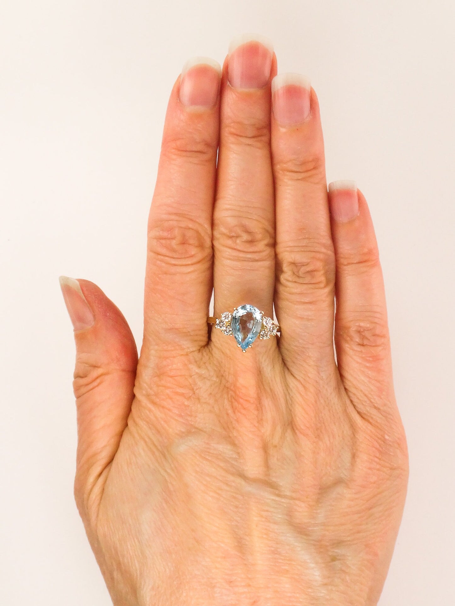 Vintage Pear Cut Blue Topaz Diamond Ring - 14k Yellow Gold December Birthstone, Size 7.75
