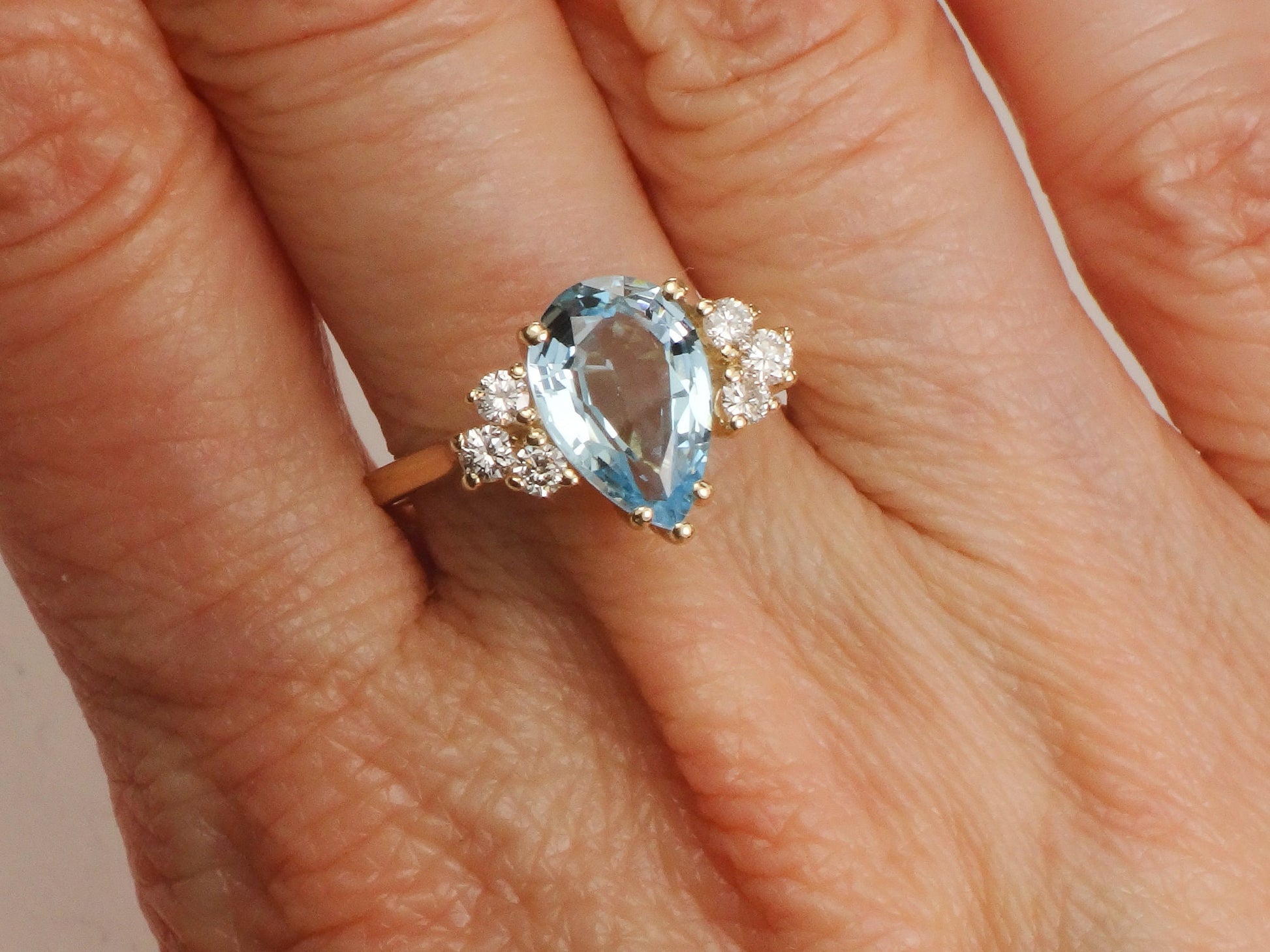Vintage Pear Cut Blue Topaz Diamond Ring - 14k Yellow Gold December Birthstone, Size 7.75