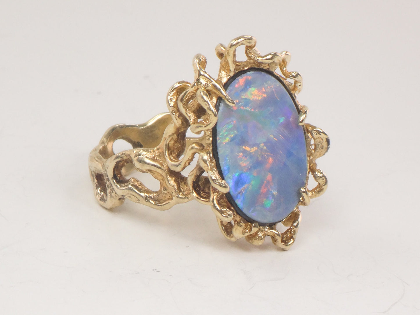 Vintage 14k Yellow Gold Opal Doublet Brutalist Ring October Birthstone Ring