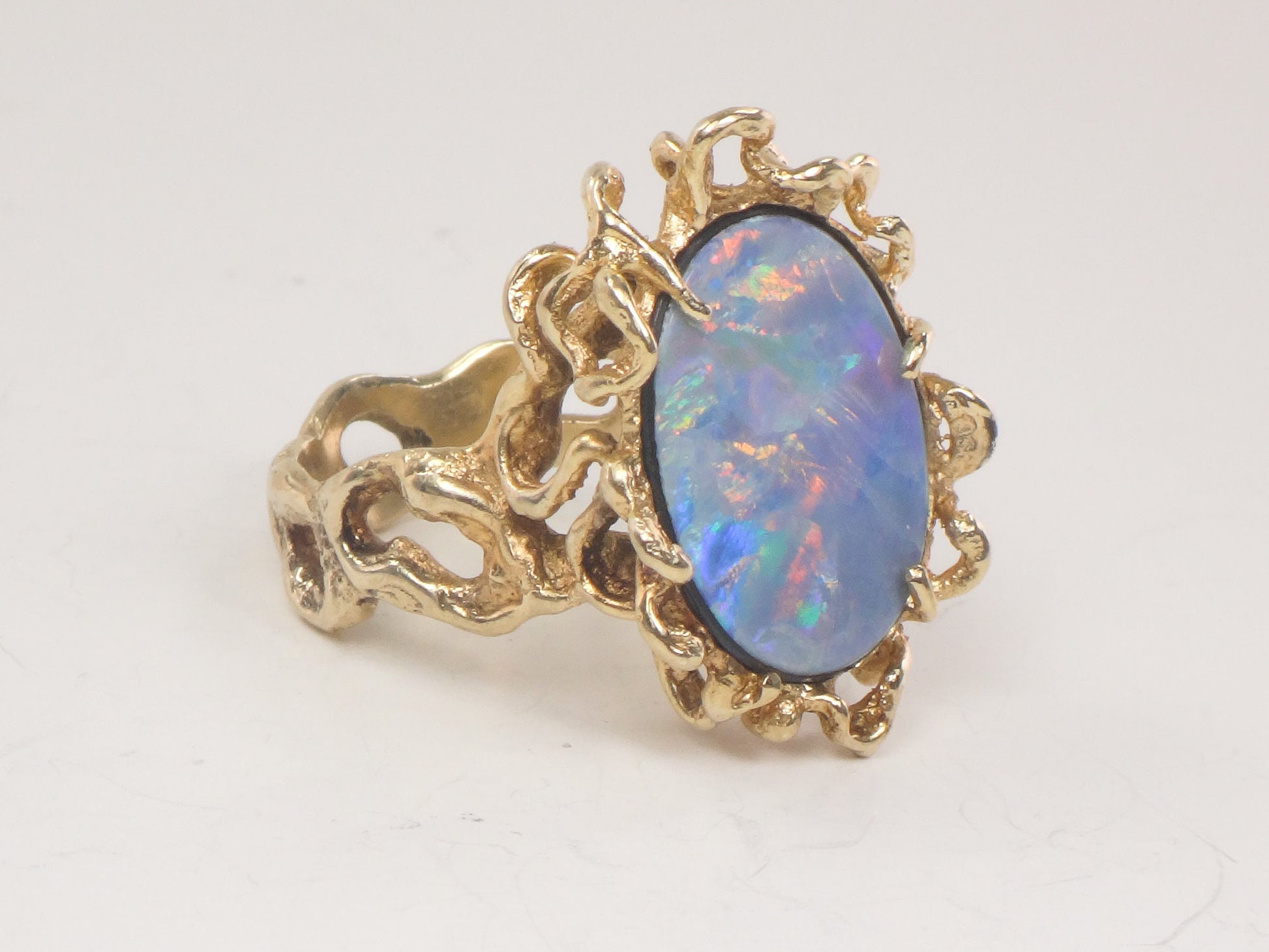 Vintage 14k Yellow Gold Opal Doublet Brutalist Ring October Birthstone Ring