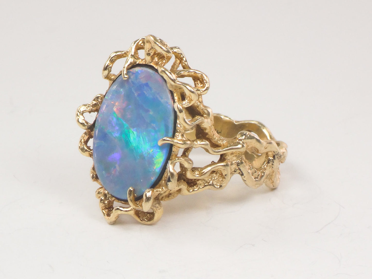 Vintage 14k Yellow Gold Opal Doublet Brutalist Ring October Birthstone Ring