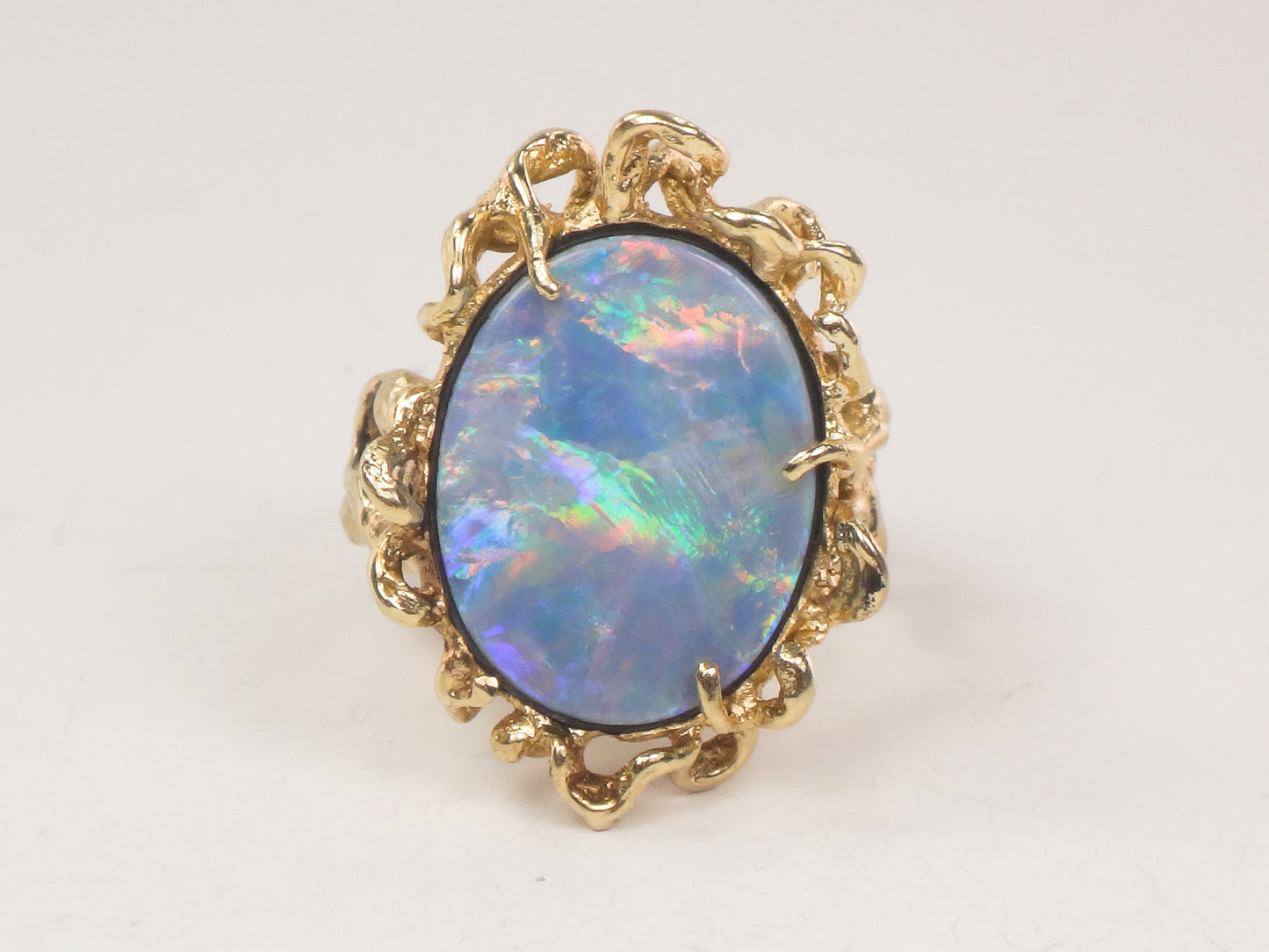 Vintage 14k Yellow Gold Opal Doublet Brutalist Ring October Birthstone Ring