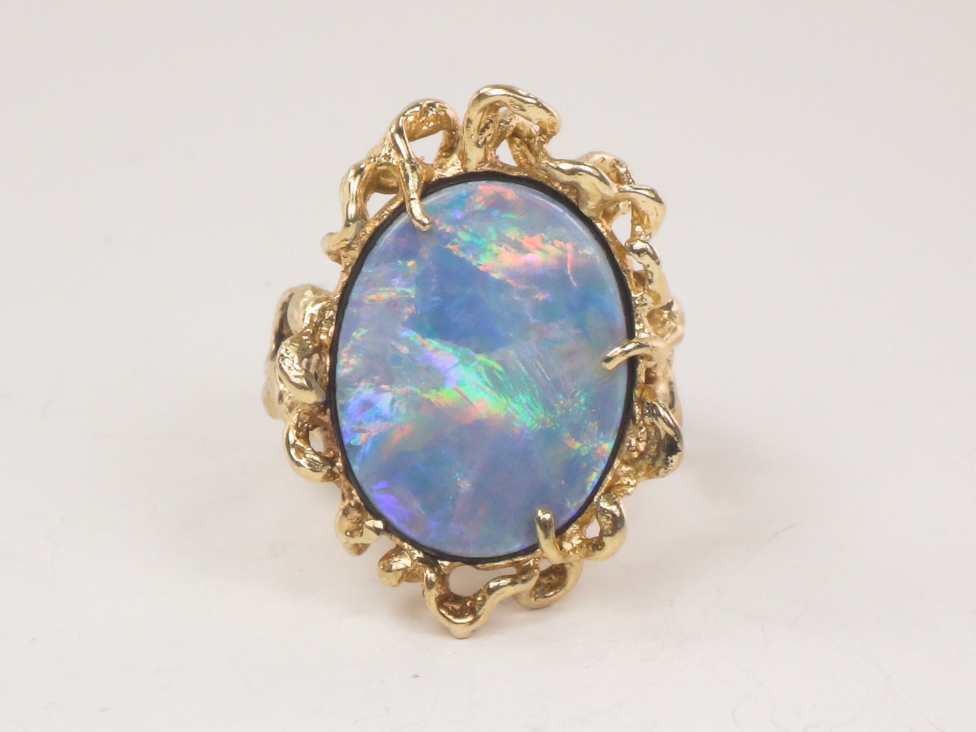 Vintage 14k Yellow Gold Opal Doublet Brutalist Ring October Birthstone Ring