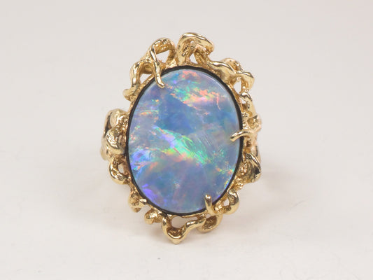 Vintage 14k Yellow Gold Opal Doublet Brutalist Ring October Birthstone Ring