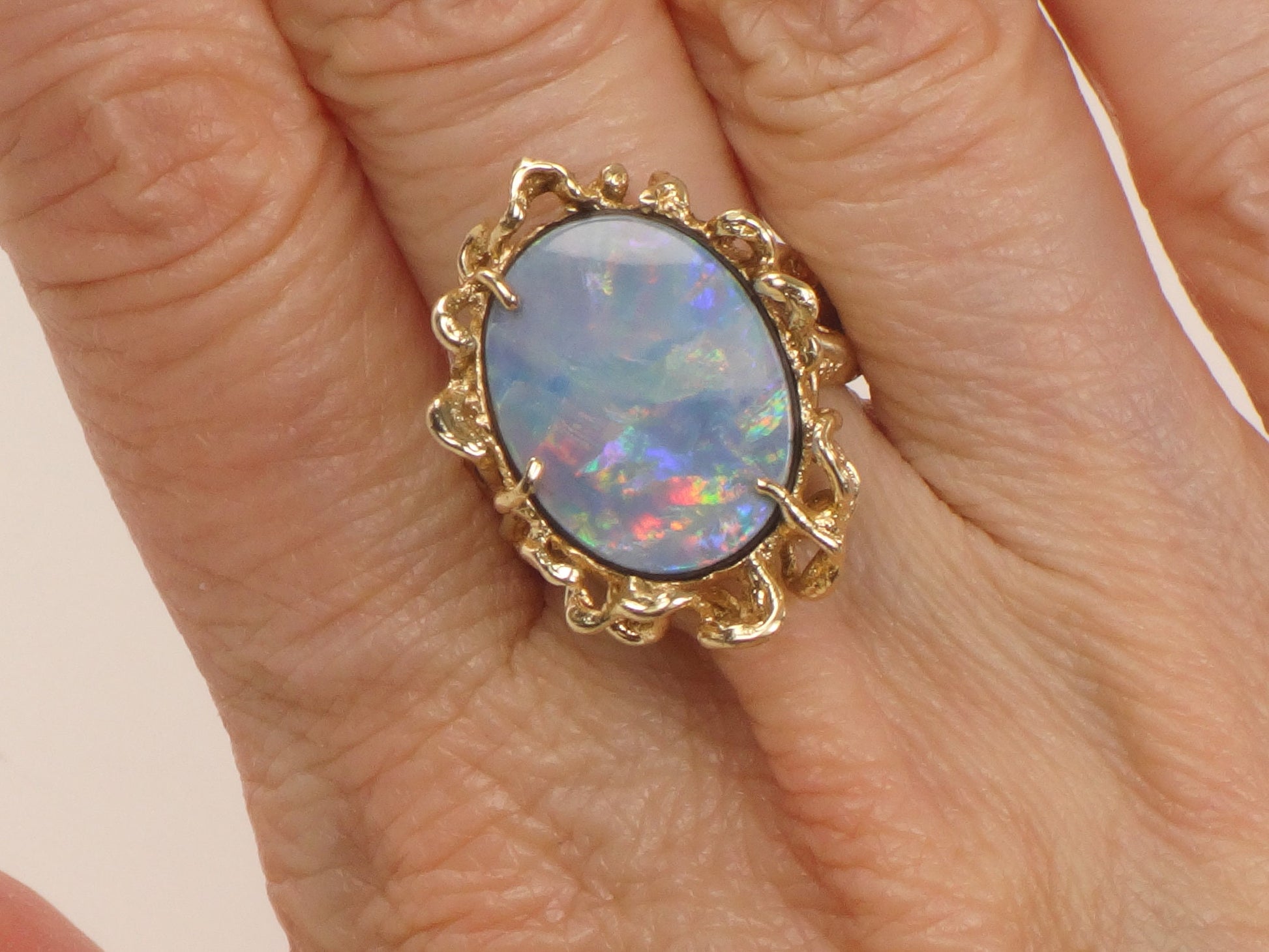 Vintage 14k Yellow Gold Opal Doublet Brutalist Ring October Birthstone Ring