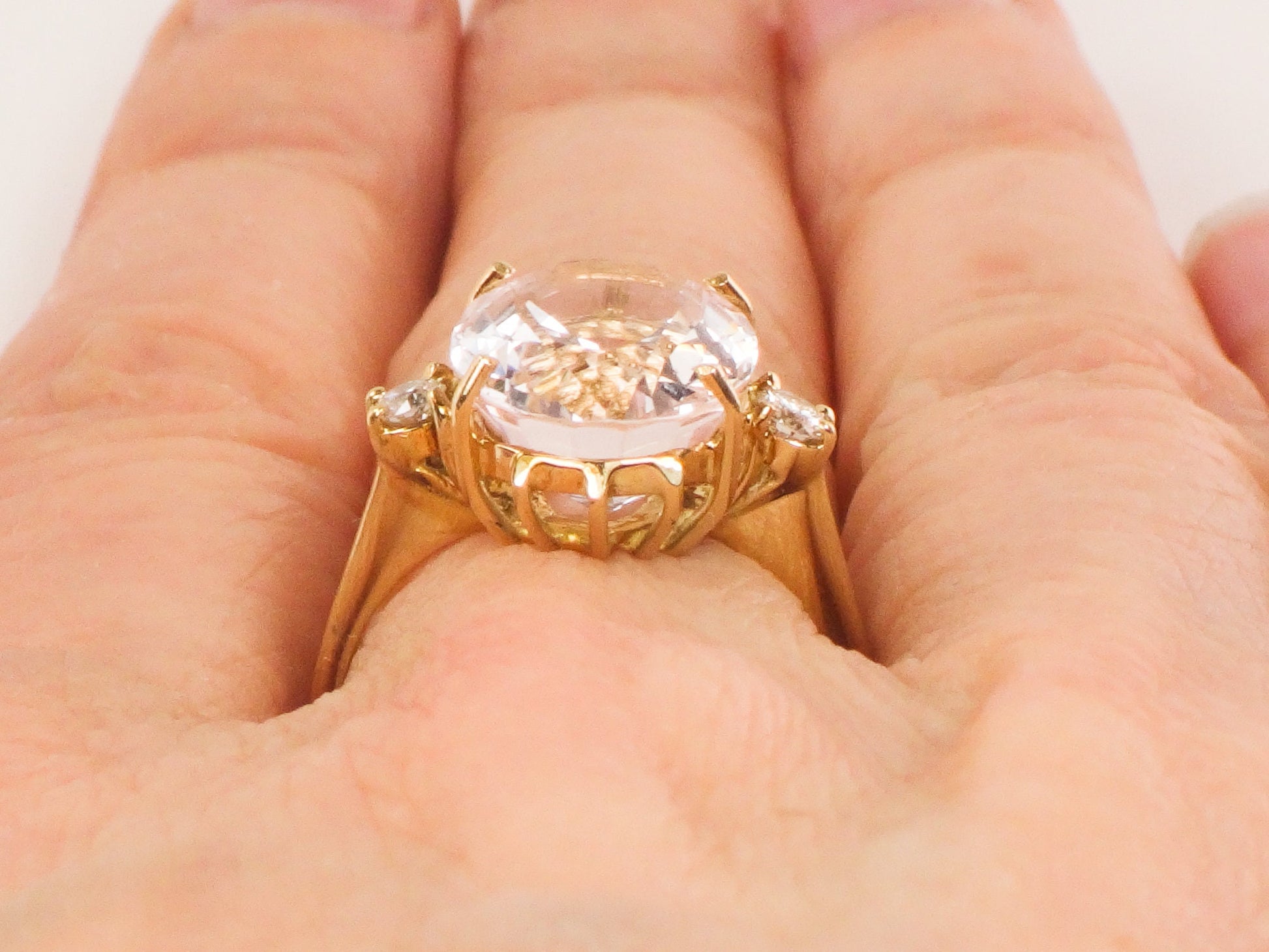 Vintage 14k Yellow Gold Morganite Ring: 5 CT, Diamond Accent, Size 6.5