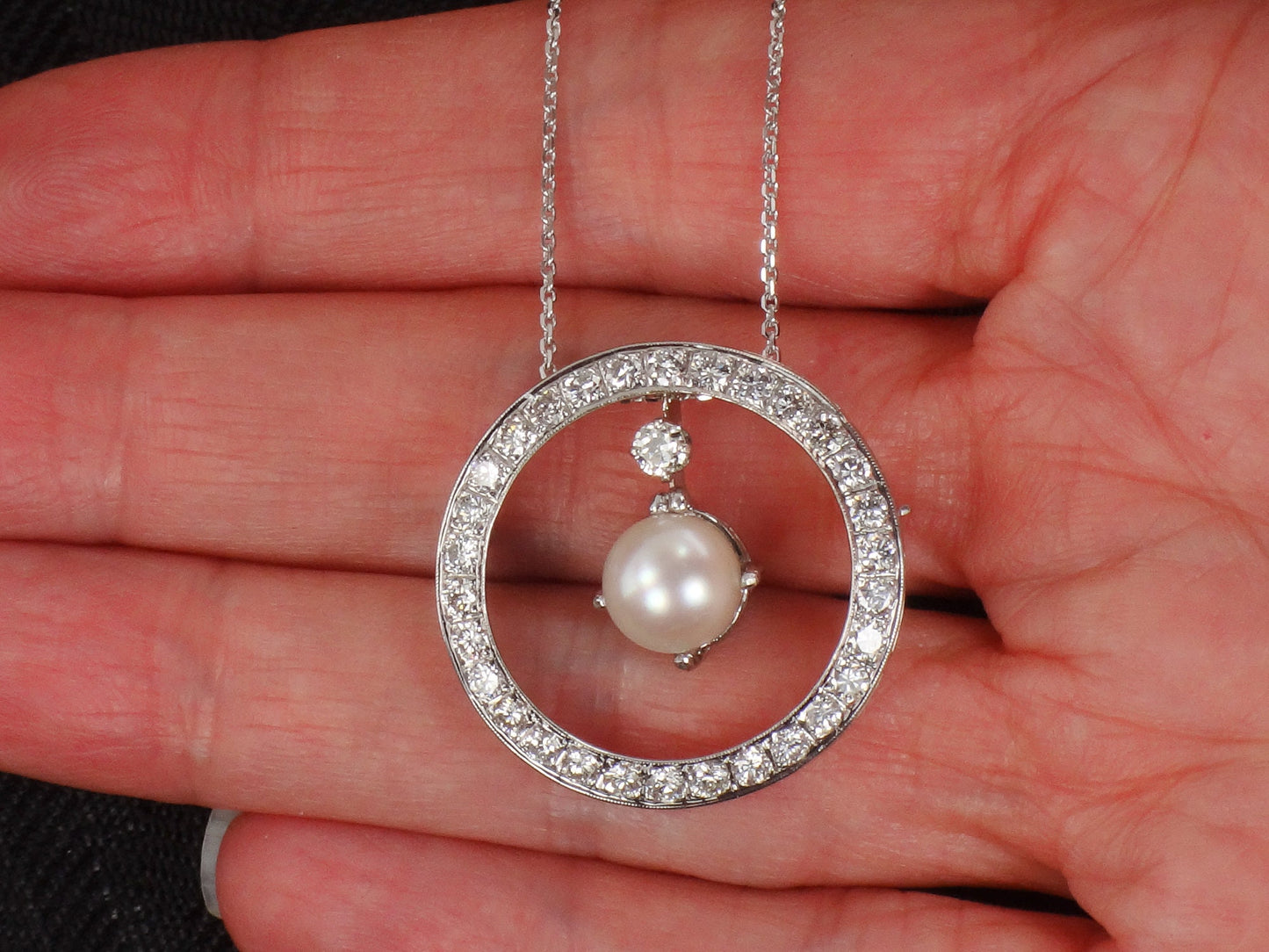 Vintage 14k White Gold Pearl Diamond Necklace: Convertible Pendant Pin