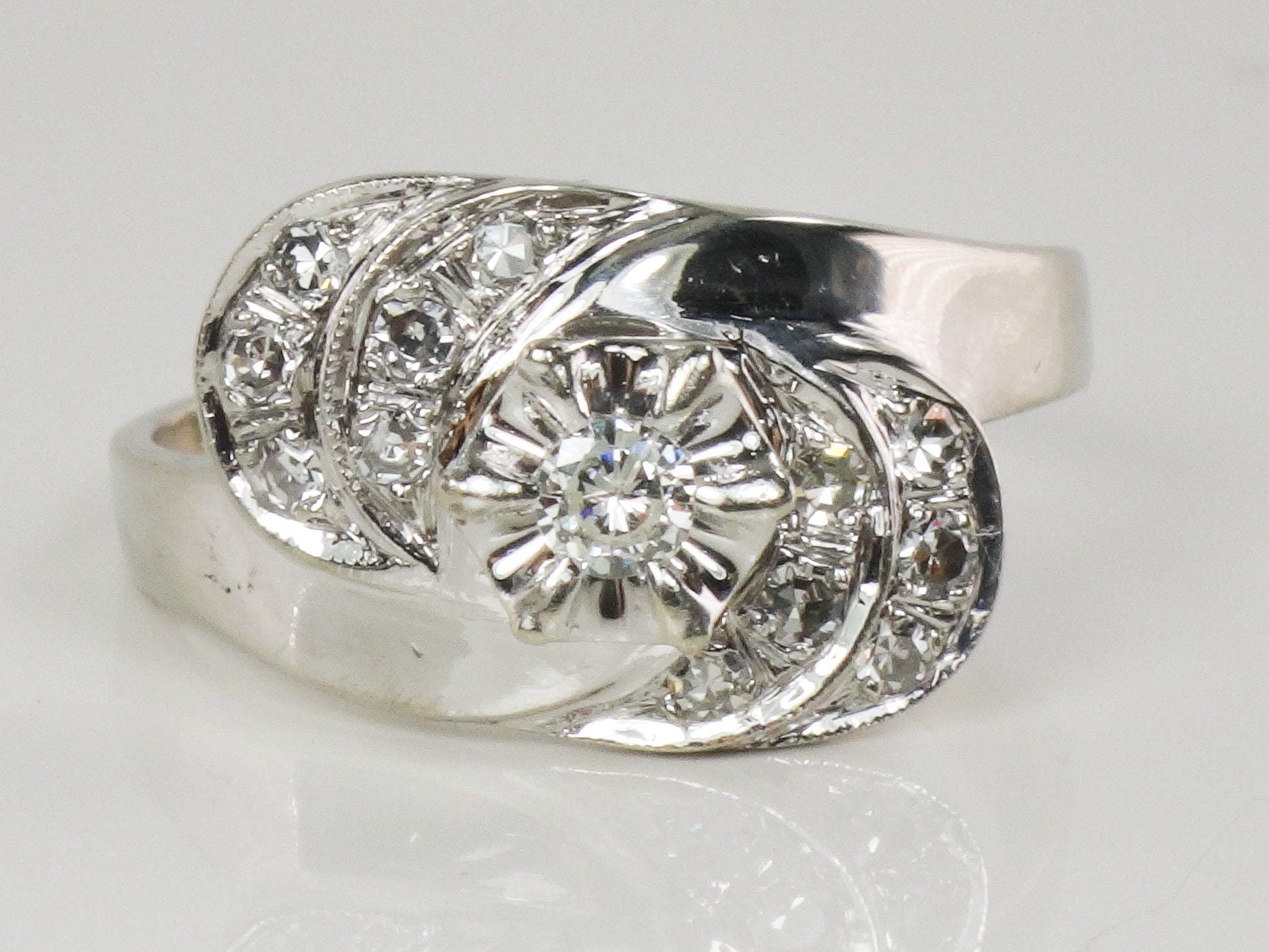 Vintage 14k White Gold Natural Diamond Ring Mid-Century - Size 8.5