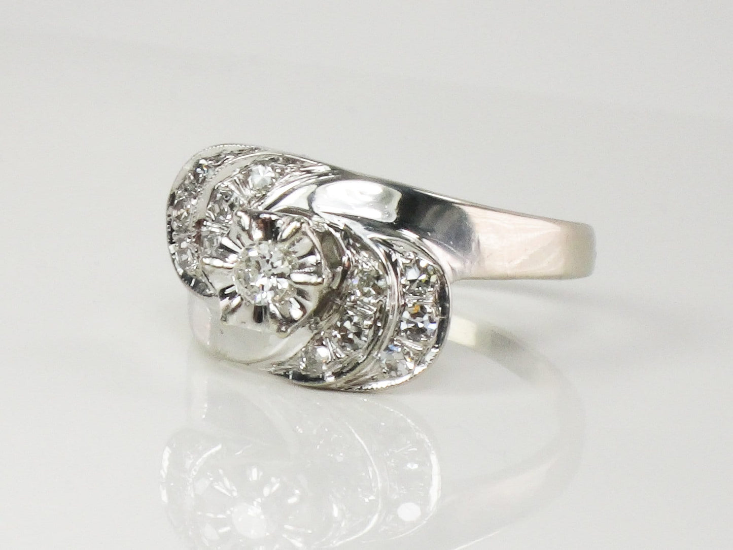 Vintage 14k White Gold Natural Diamond Ring Mid-Century - Size 8.5