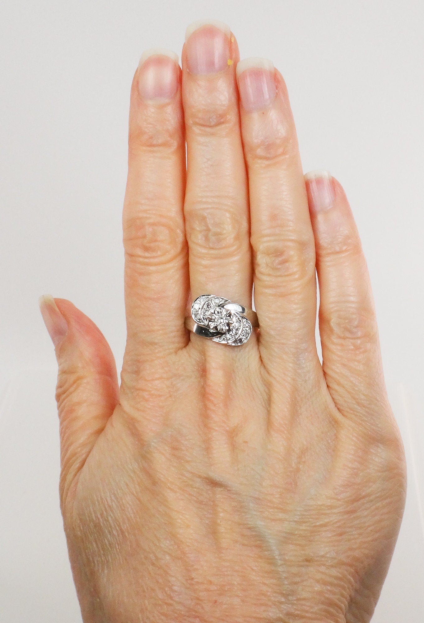 Vintage 14k White Gold Natural Diamond Ring Mid-Century - Size 8.5