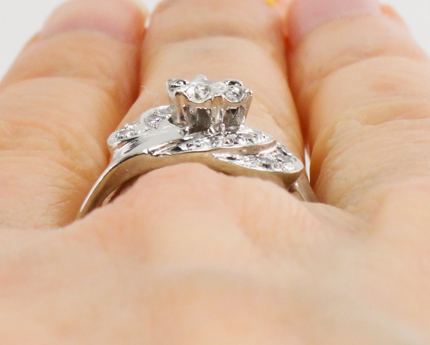 Vintage 14k White Gold Natural Diamond Ring Mid-Century - Size 8.5