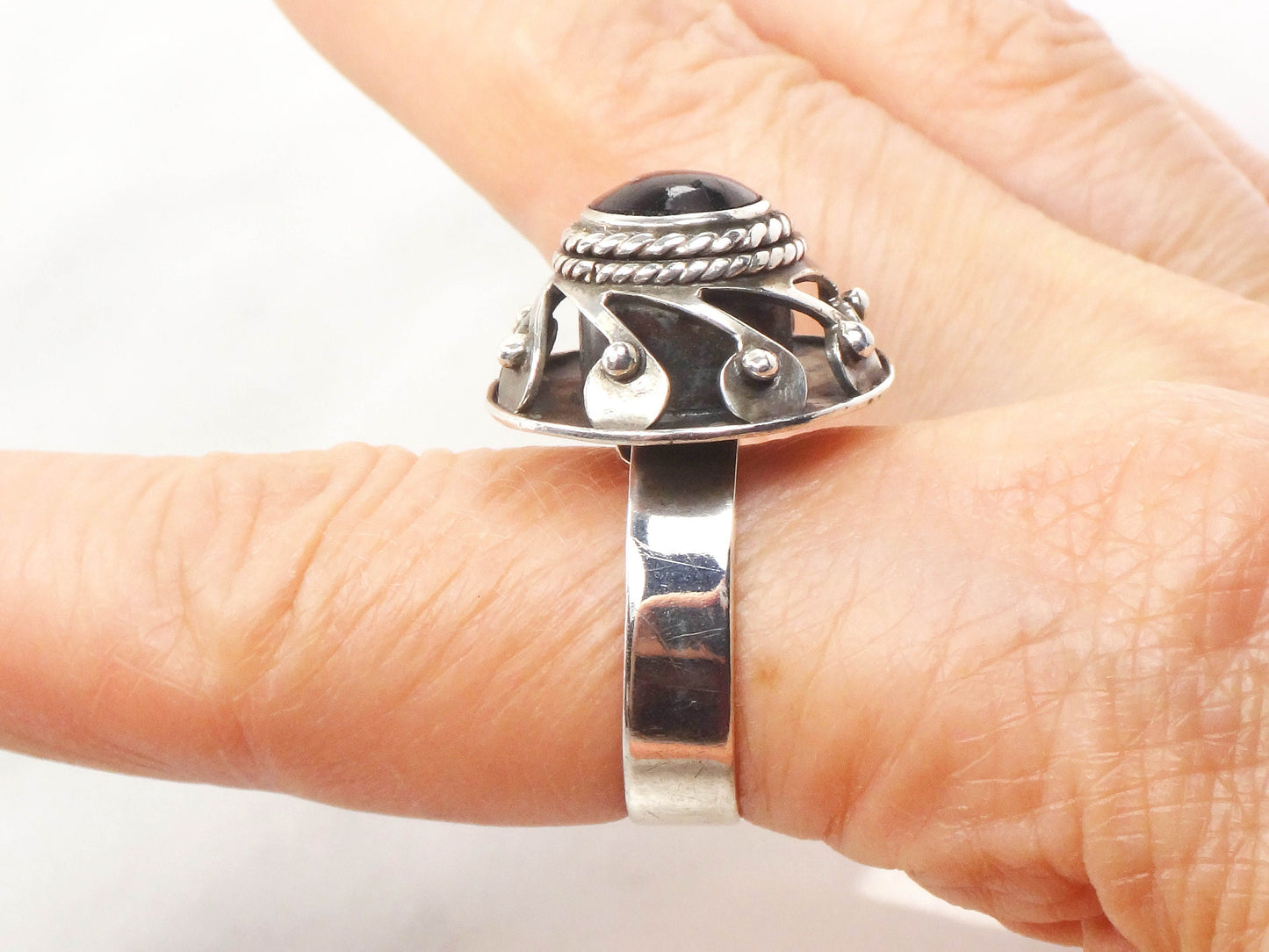 Vintage Sterling Silver Onyx Ring - Mexico Eagle Mark Black Stone Poison Ring - Adjustable Size