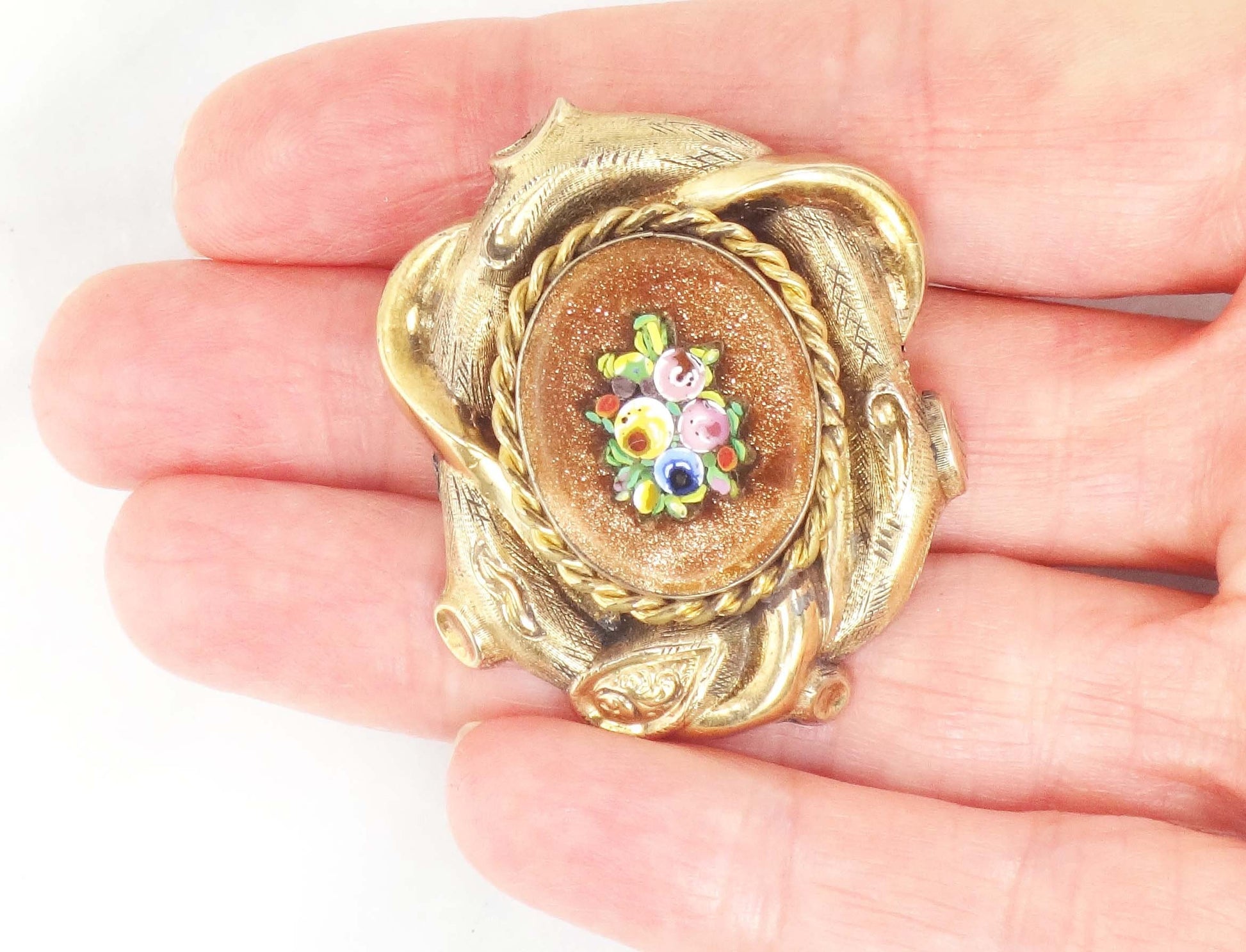 Vintage 10k Yellow Gold Floral Micro Mosaic Pin Pendant Victorian / Antique Goldstone Glass Pin