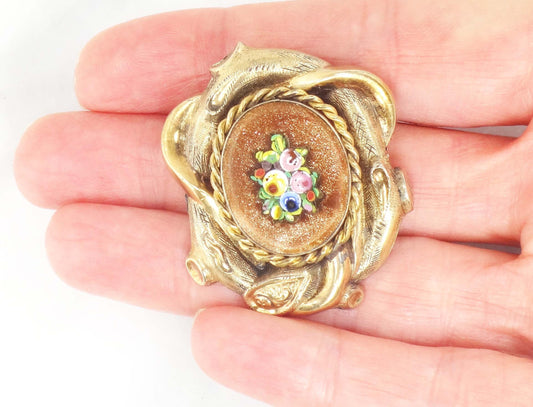 Vintage 10k Yellow Gold Floral Micro Mosaic Pin Pendant Victorian / Antique Goldstone Glass Pin