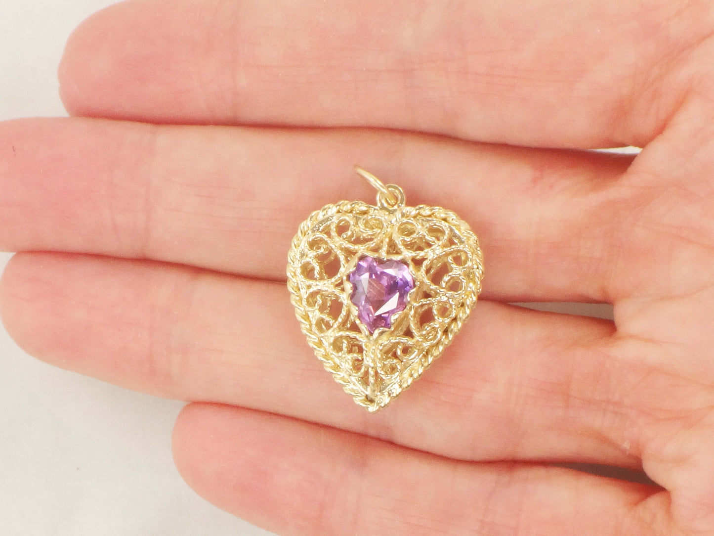 Vintage 14k Yellow Gold Purple Sapphire Filigree Heart Pendant, Puffy Heart Charm