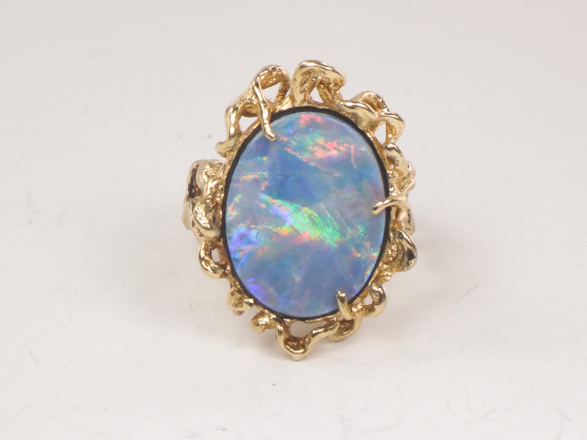 Vintage 14k Yellow Gold Opal Doublet Brutalist Ring October Birthstone Ring