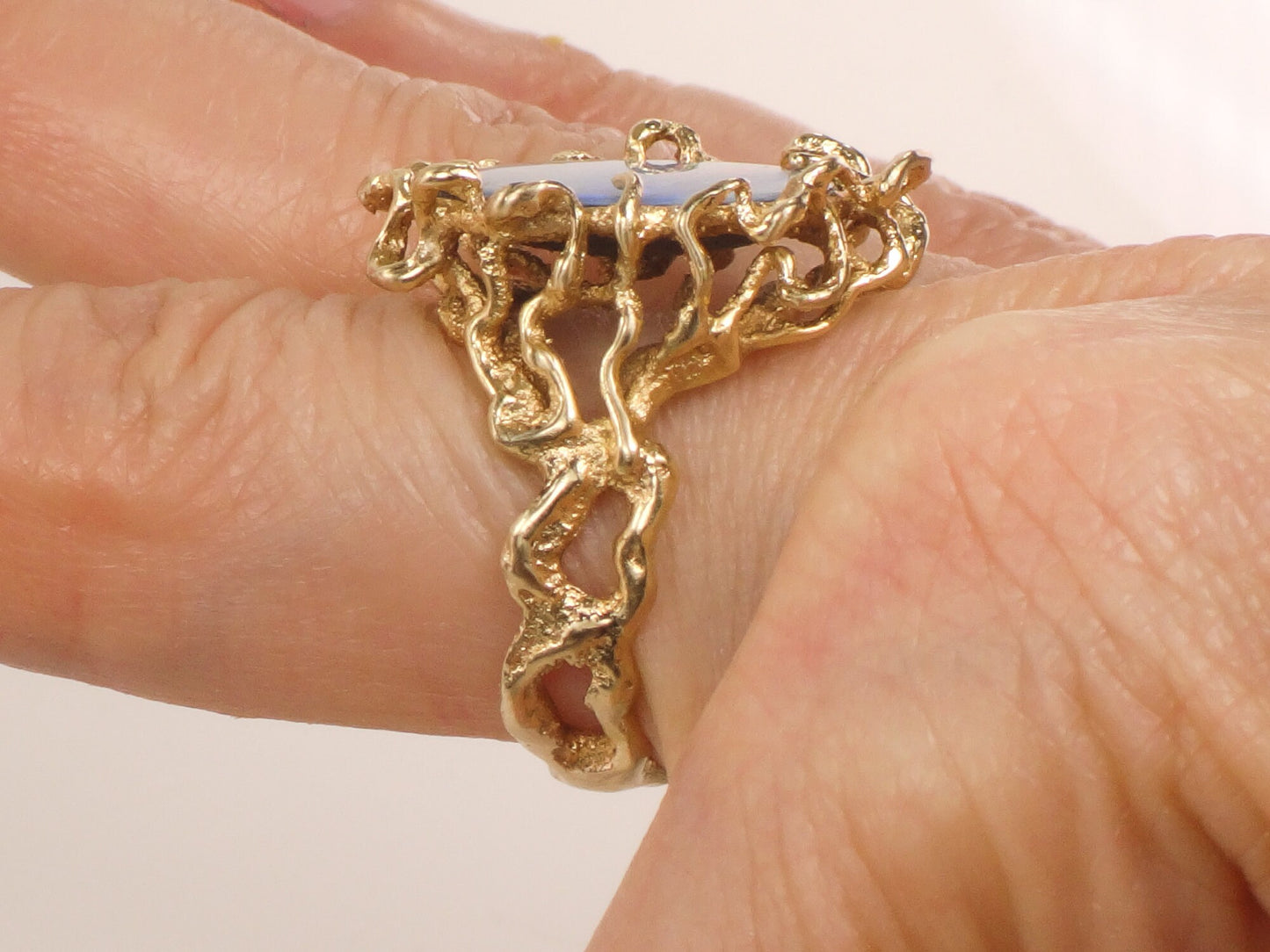 Vintage 14k Yellow Gold Opal Doublet Brutalist Ring October Birthstone Ring