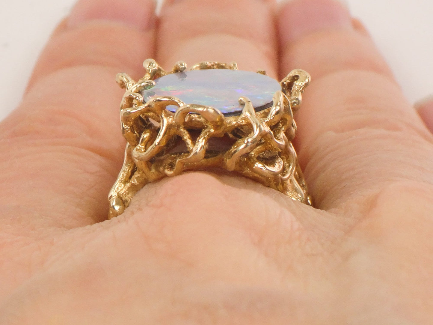 Vintage 14k Yellow Gold Opal Doublet Brutalist Ring October Birthstone Ring