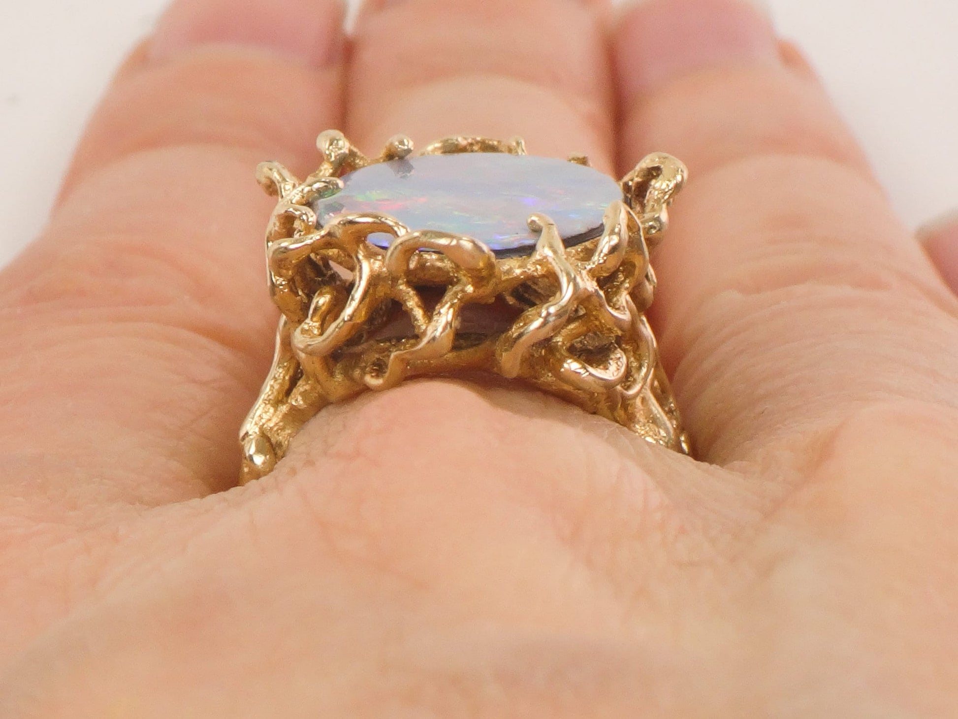 Vintage 14k Yellow Gold Opal Doublet Brutalist Ring October Birthstone Ring