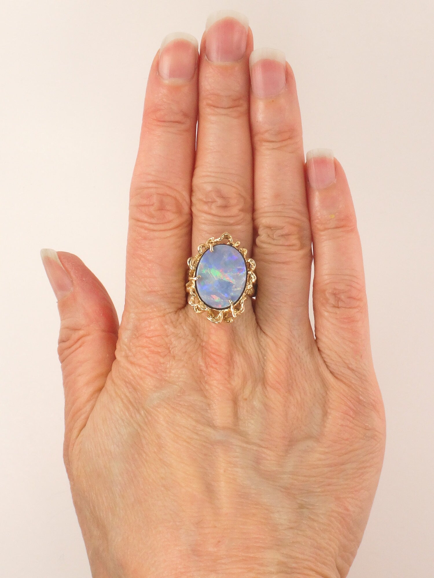 Vintage 14k Yellow Gold Opal Doublet Brutalist Ring October Birthstone Ring