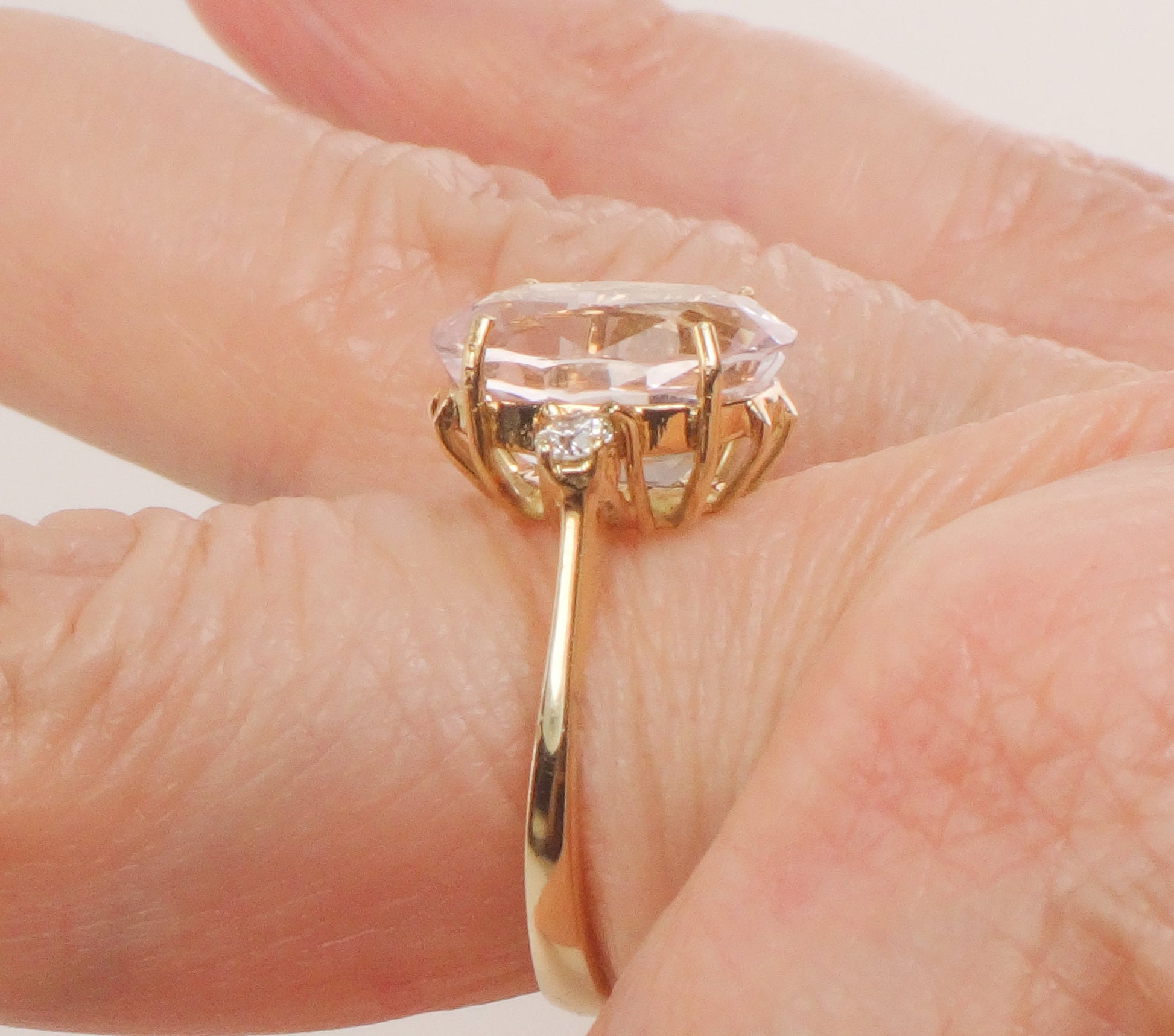 Vintage 14k Yellow Gold Morganite Ring: 5 CT, Diamond Accent, Size 6.5