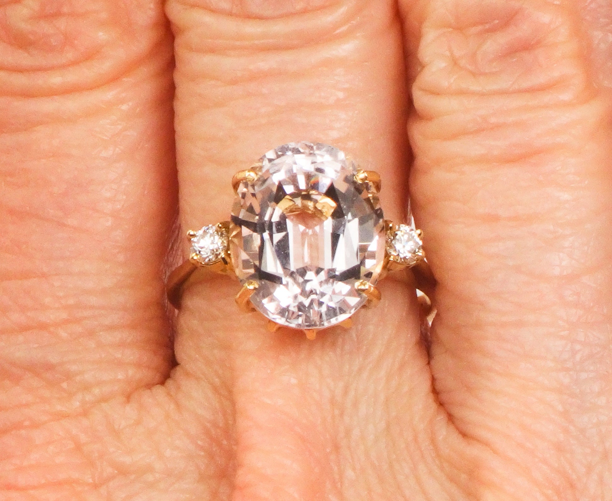 Vintage 14k Yellow Gold Morganite Ring: 5 CT, Diamond Accent, Size 6.5