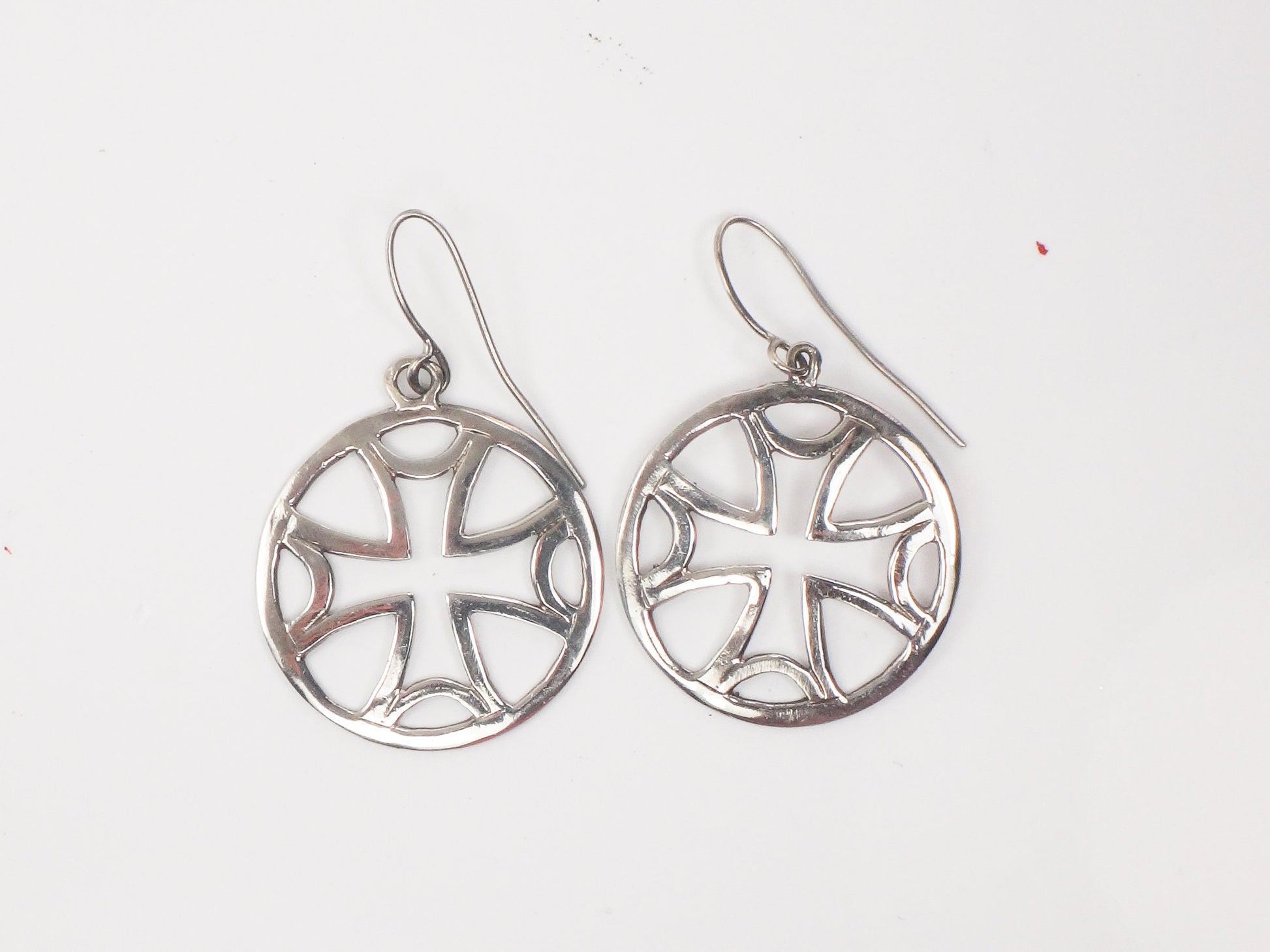 Large Sterling Silver Maltese Cross Earrings with Ear Wires Vintage Round Dangle Earrings