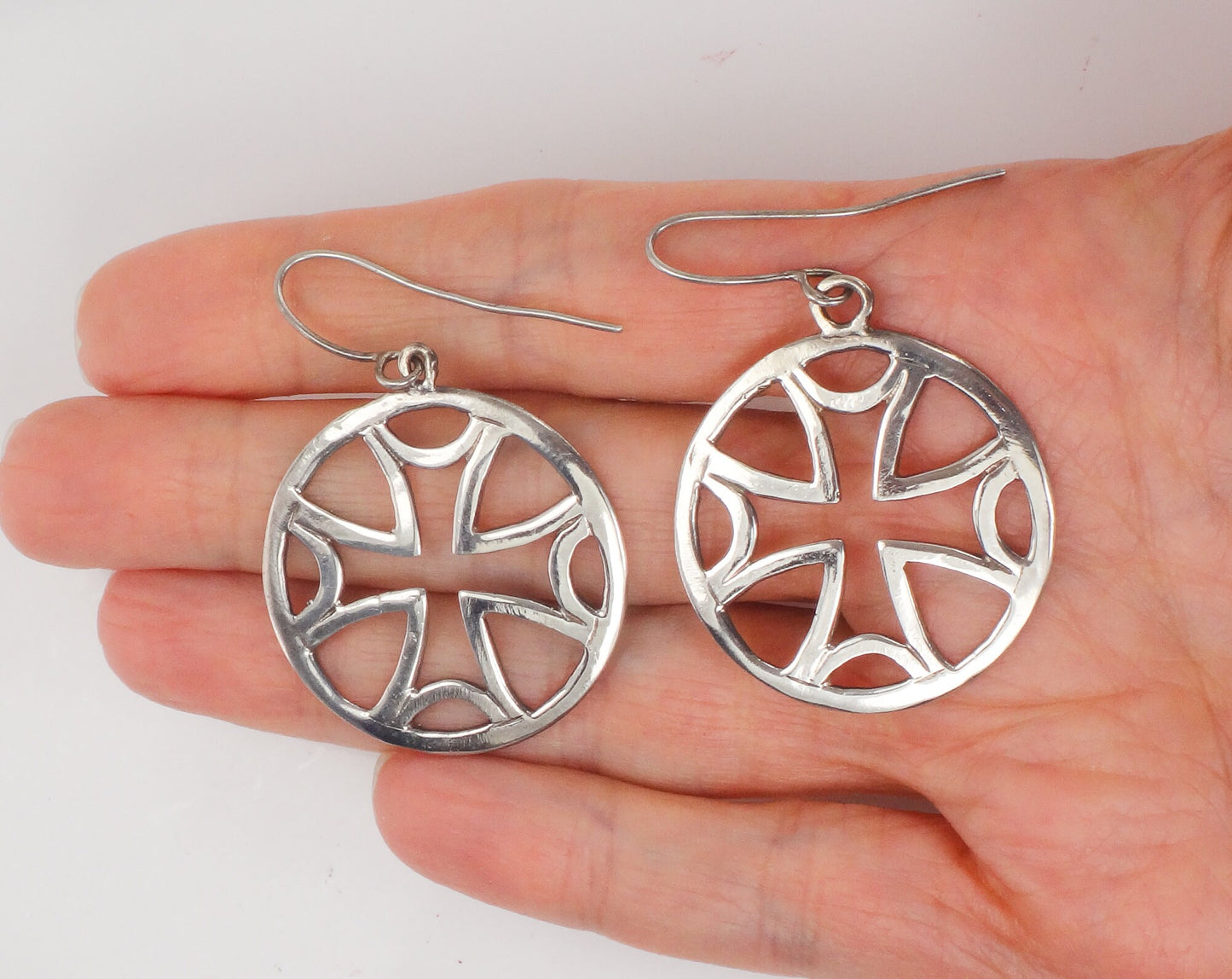 Large Sterling Silver Maltese Cross Earrings with Ear Wires Vintage Round Dangle Earrings