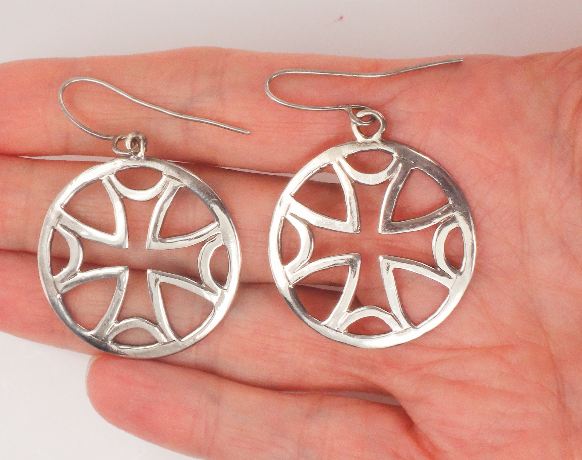 Large Sterling Silver Maltese Cross Earrings with Ear Wires Vintage Round Dangle Earrings