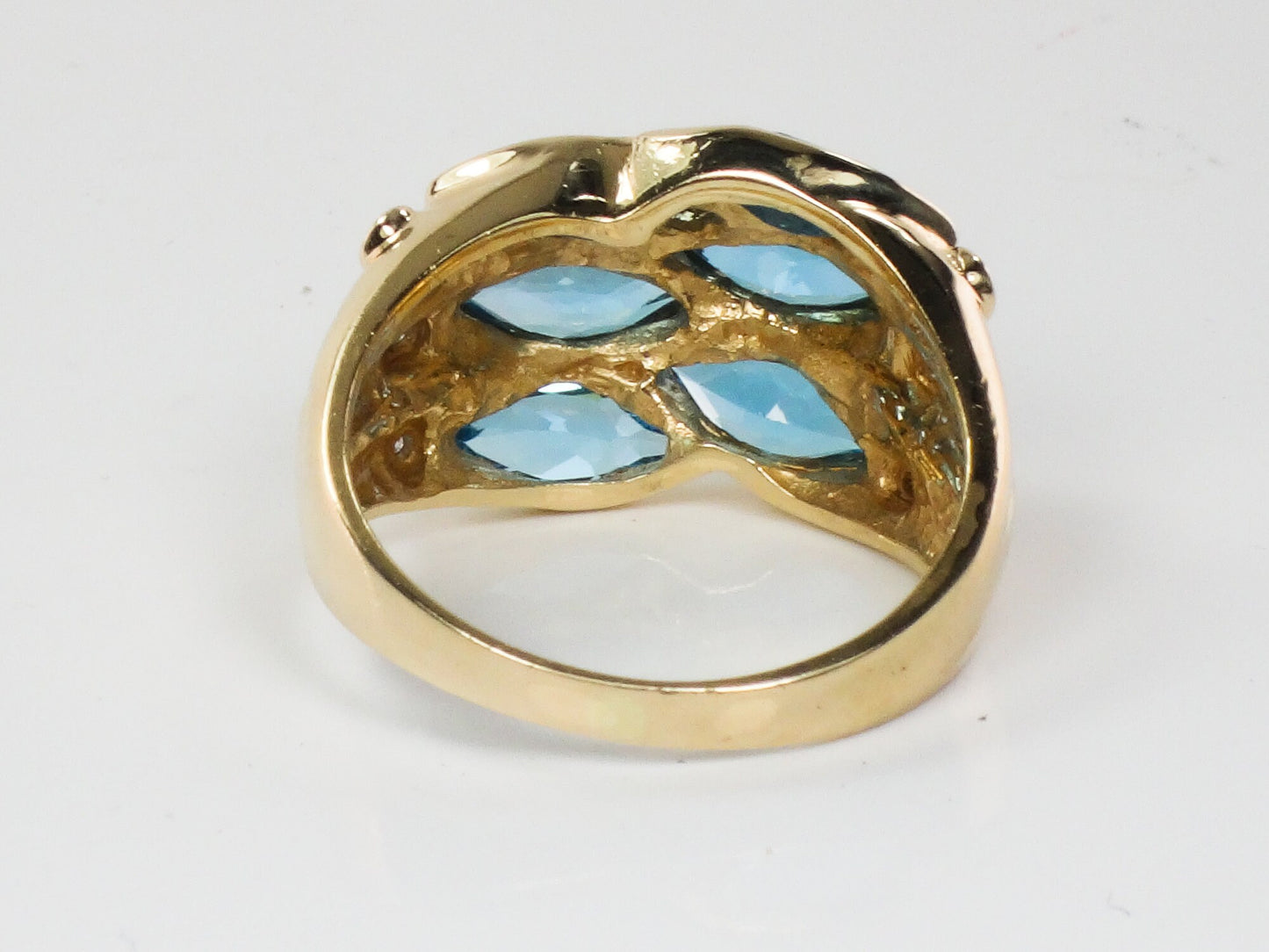 Vintage 14k Yellow Gold Wide Blue Topaz and Diamond Ring Marquise Cut December Birthstone Ring Size 9.75