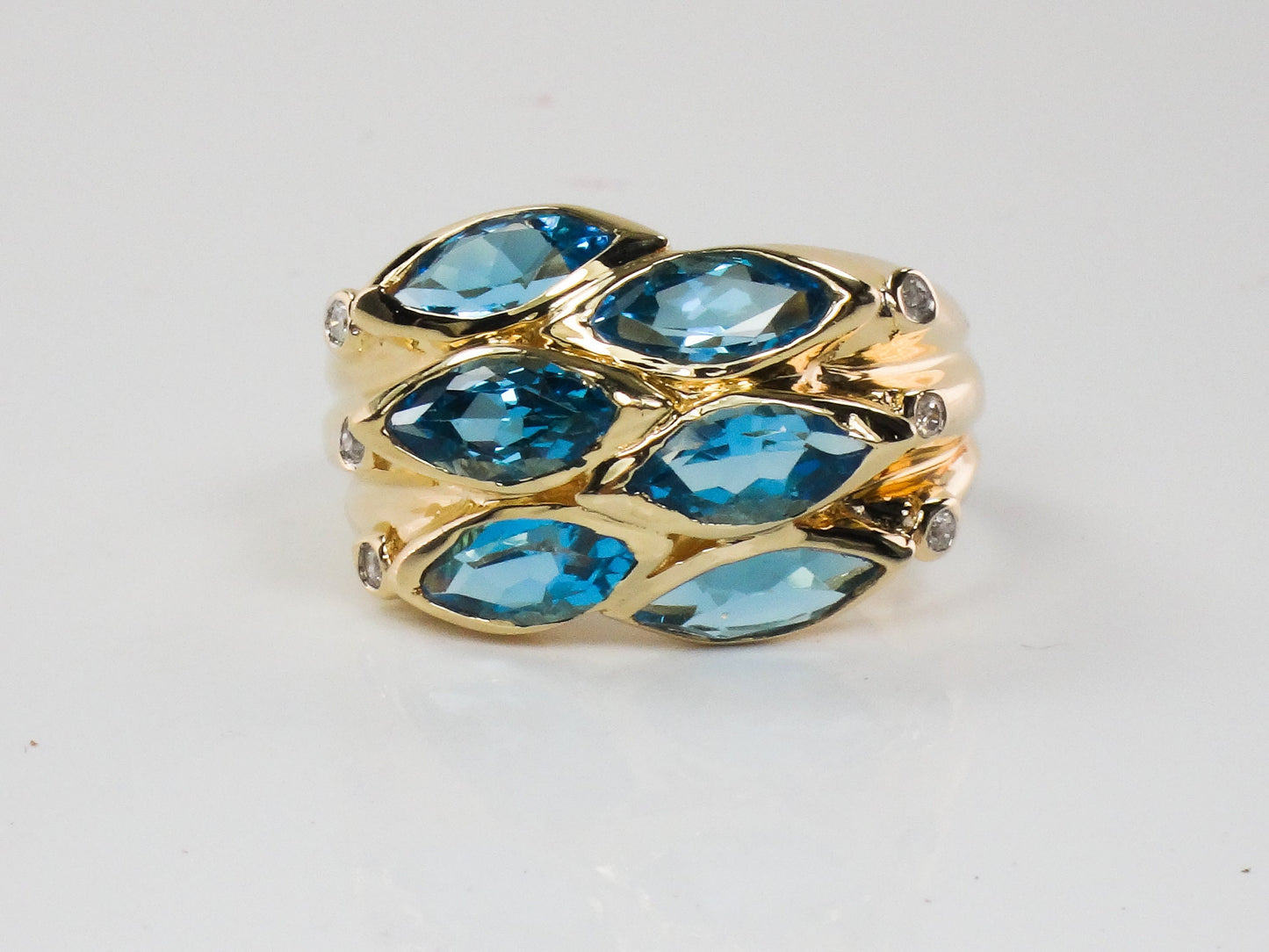 Vintage 14k Yellow Gold Wide Blue Topaz and Diamond Ring Marquise Cut December Birthstone Ring Size 9.75