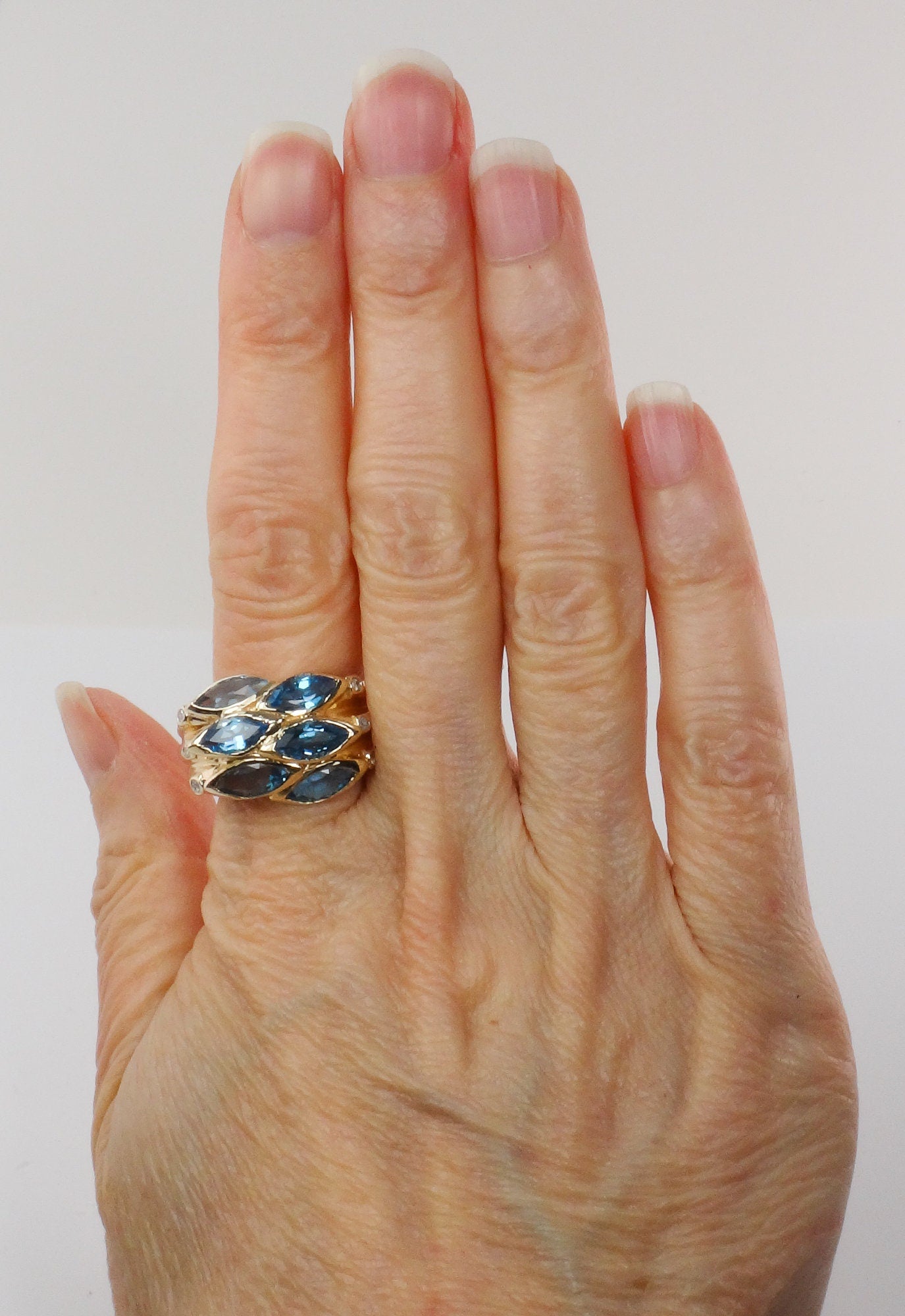 Vintage 14k Yellow Gold Wide Blue Topaz and Diamond Ring Marquise Cut December Birthstone Ring Size 9.75