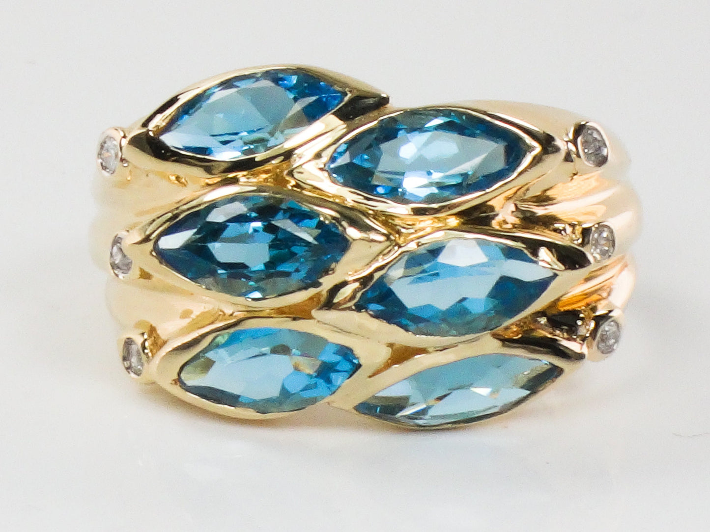 Vintage 14k Yellow Gold Wide Blue Topaz and Diamond Ring Marquise Cut December Birthstone Ring Size 9.75