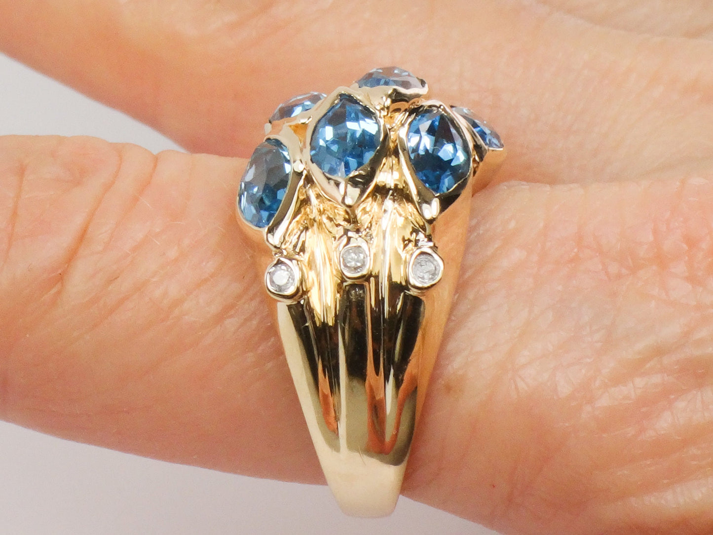 Vintage 14k Yellow Gold Wide Blue Topaz and Diamond Ring Marquise Cut December Birthstone Ring Size 9.75