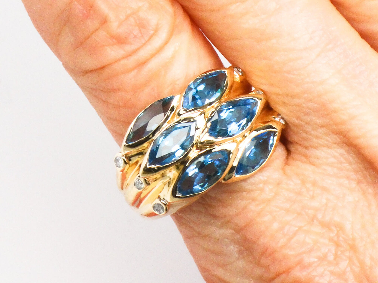 Vintage 14k Yellow Gold Wide Blue Topaz and Diamond Ring Marquise Cut December Birthstone Ring Size 9.75