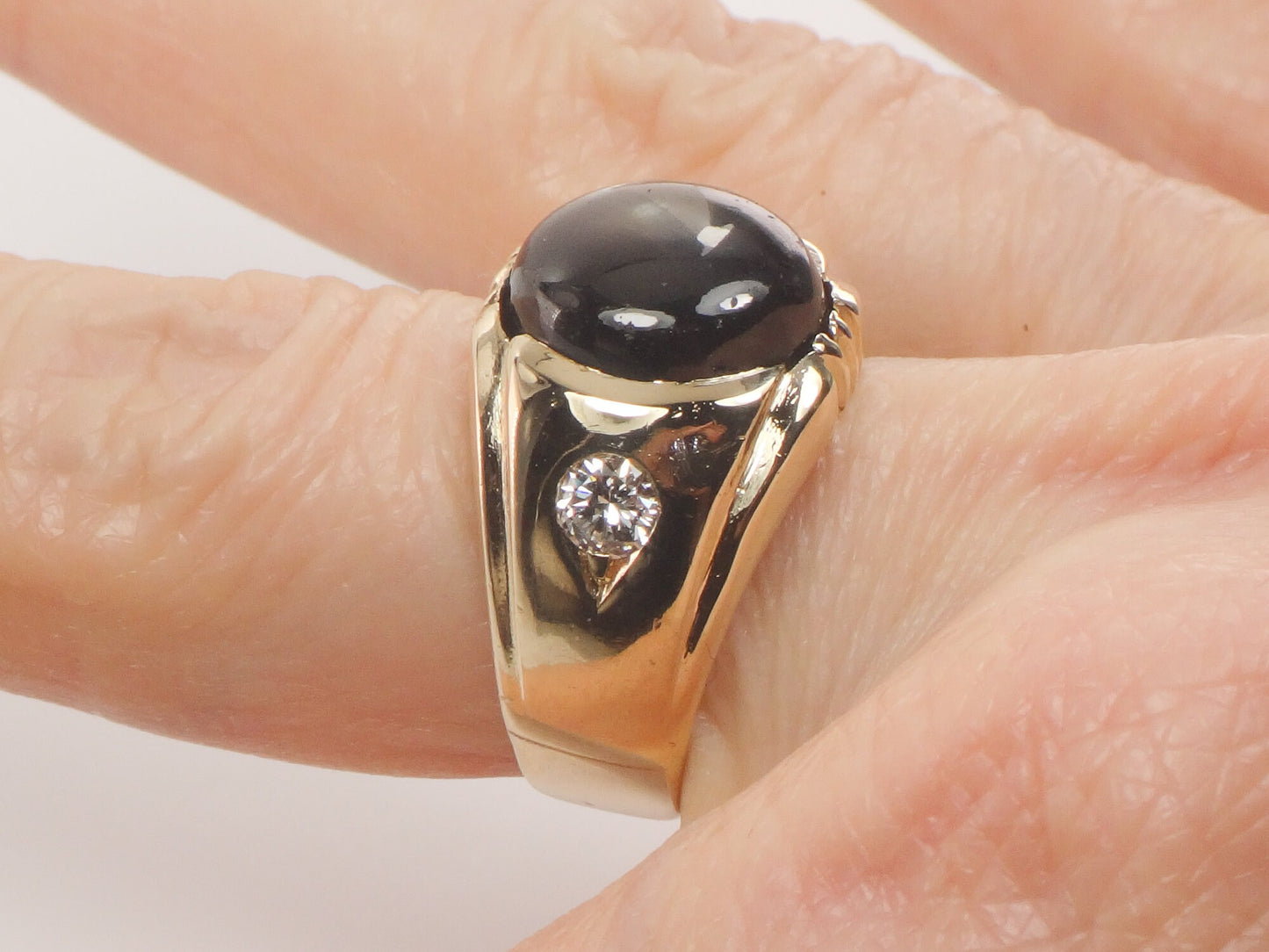Vintage 14k Gold Natural Black Star Sapphire and Diamond Ring, Yellow Gold Unisex Ring Size 6.5