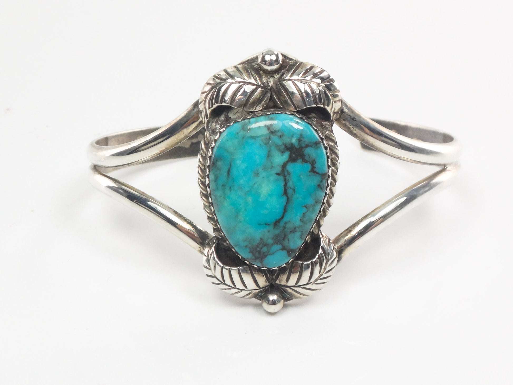 Vintage Sterling Silver Turquoise Cuff Bracelet with Feathers Signed Native American Navajo ?