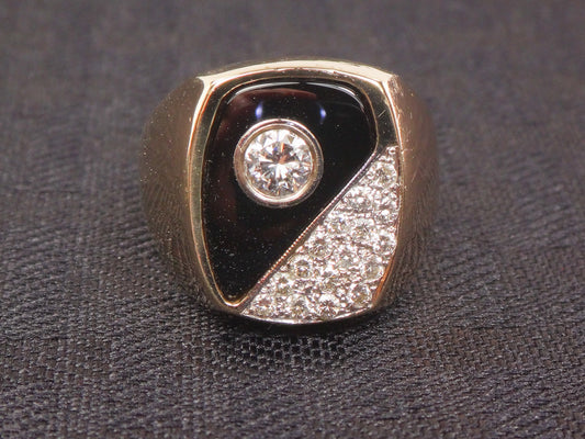 Vintage Men's 14k Yellow Gold Onyx Diamond Ring - Size 9.5