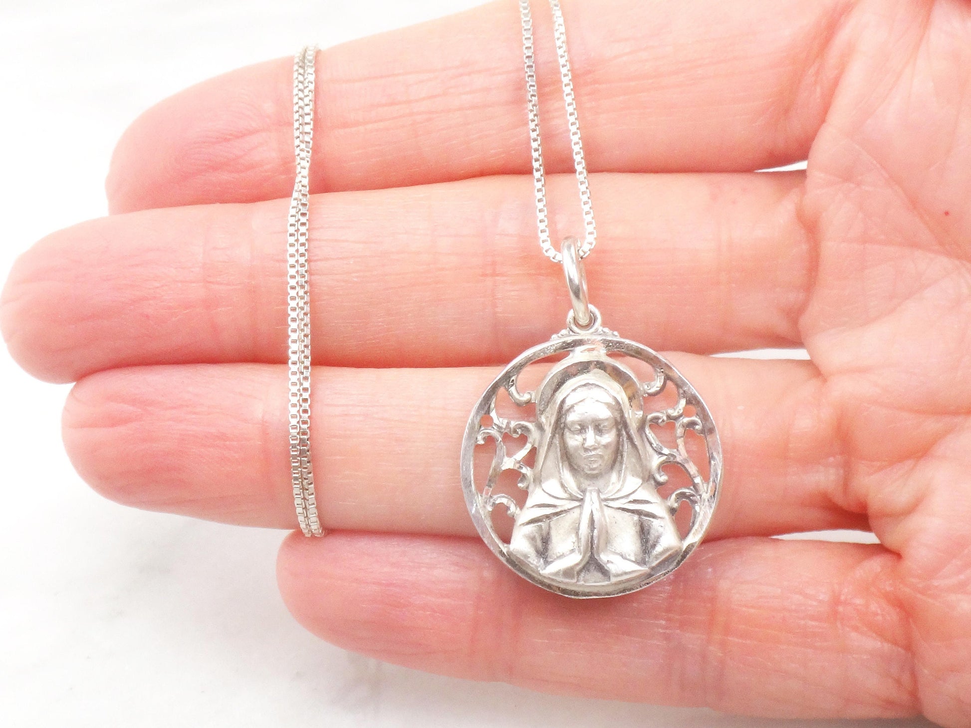 Vintage Sterling Silver Virgin Mary Necklace Mother Mary Pendant - 16.75" Chain